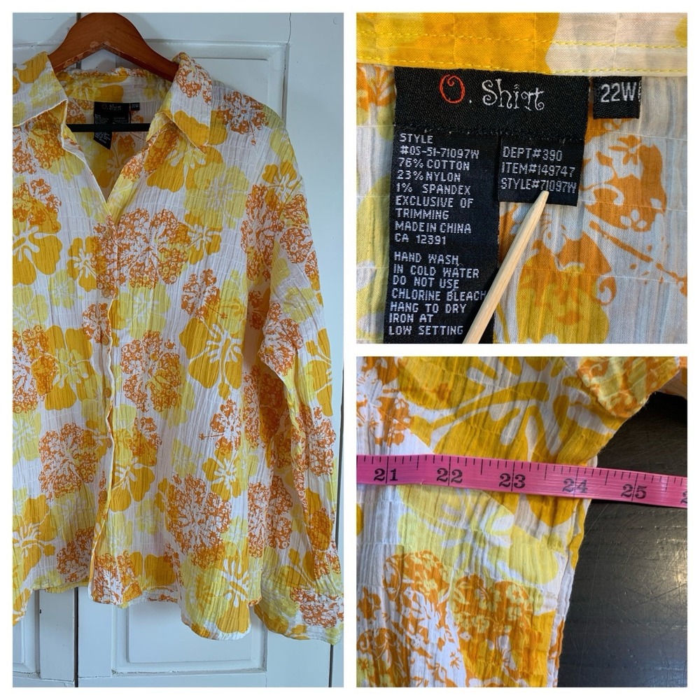 O‎ Shirt Happy Yellow Crinkle Gauze Blouse Womens Plus Size 22W Button Up Church